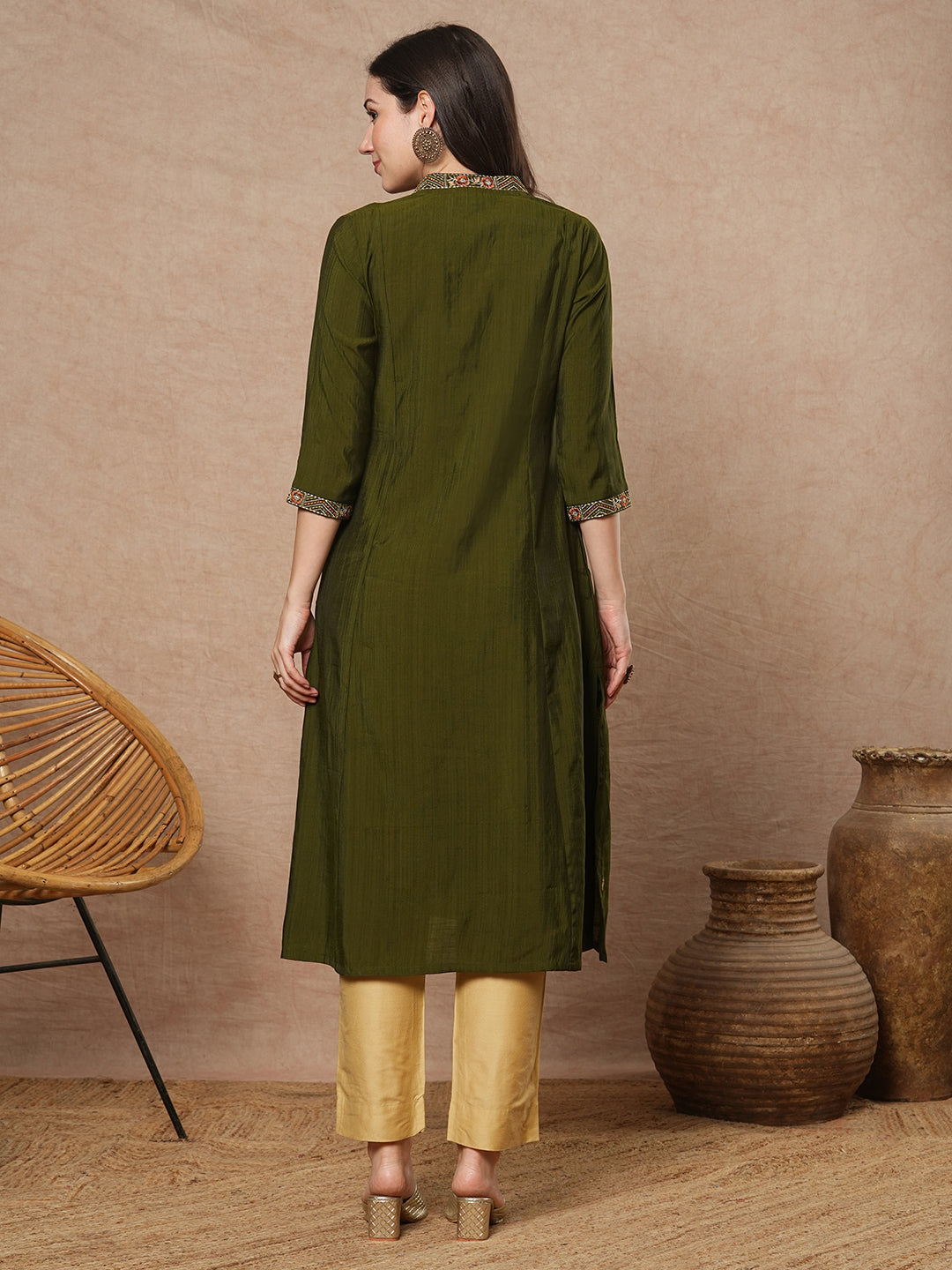 Party Edit- Pocketed a line kurta with embroidery and gathering detailing