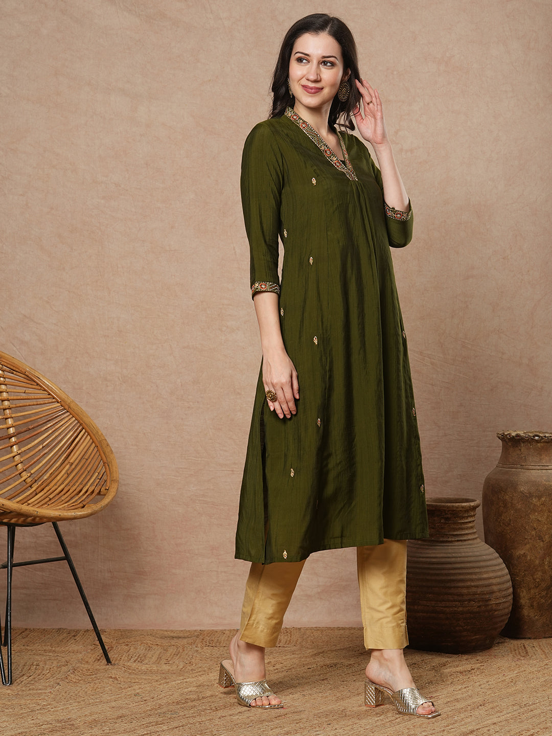 Party Edit- Pocketed a line kurta with embroidery and gathering detailing
