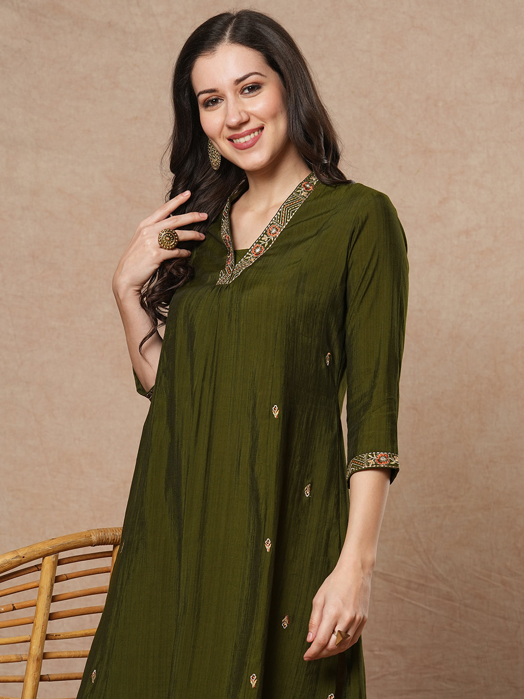 Party Edit- Pocketed a line kurta with embroidery and gathering detailing