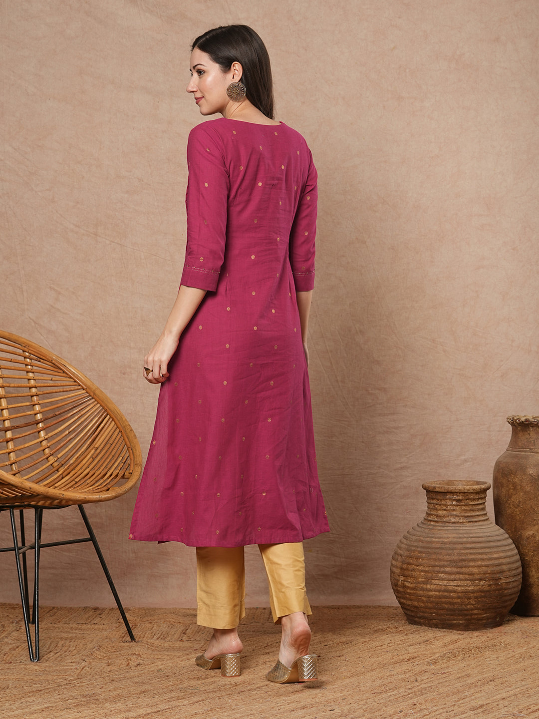 Pocketed A line kurta in woven cotton fabric with hand embroidery