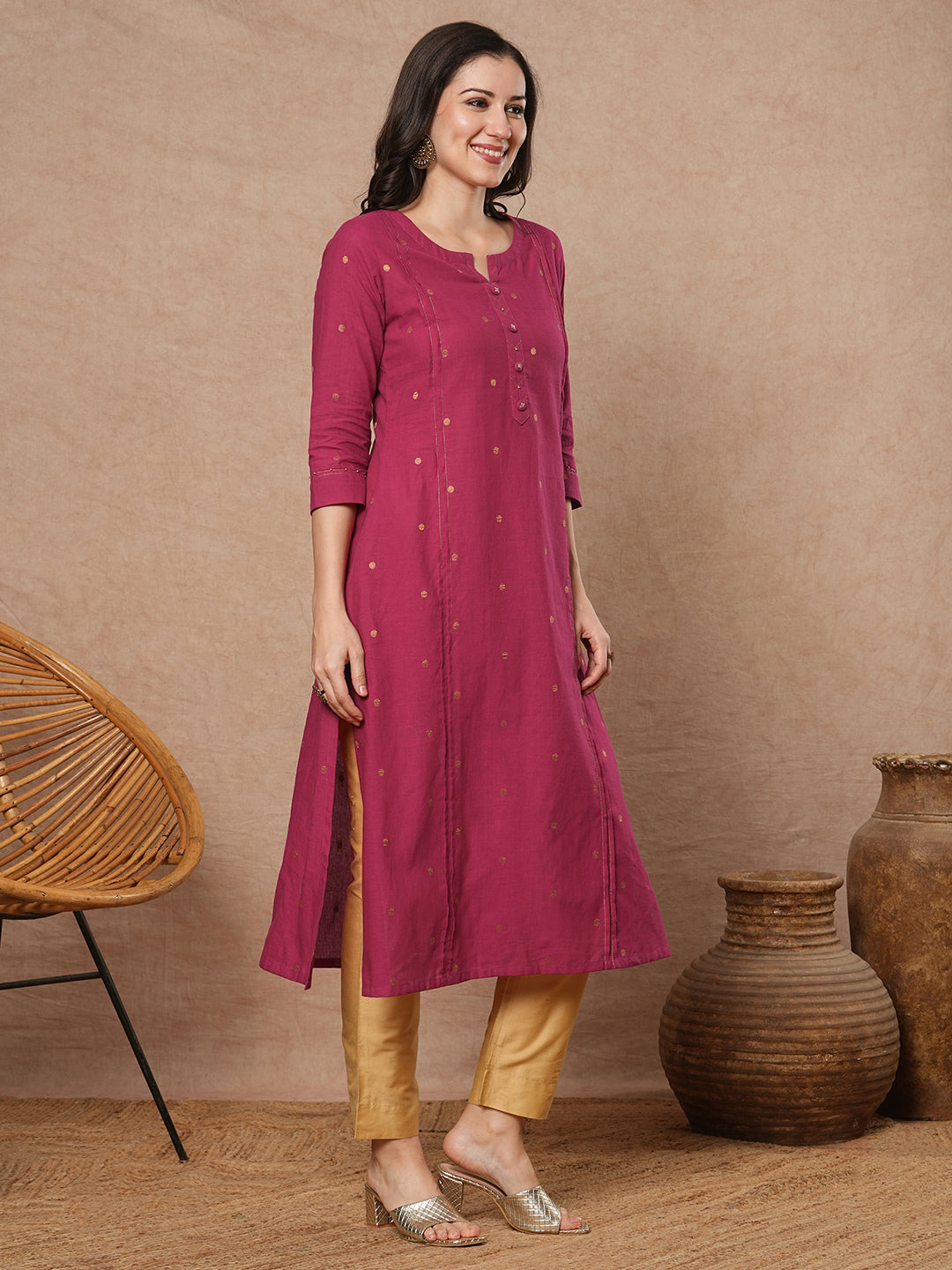 Pocketed A line kurta in woven cotton fabric with hand embroidery