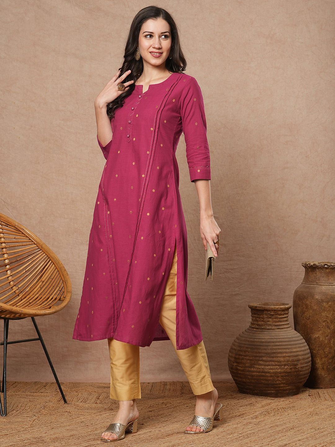 Pocketed A line kurta in woven cotton fabric with hand embroidery