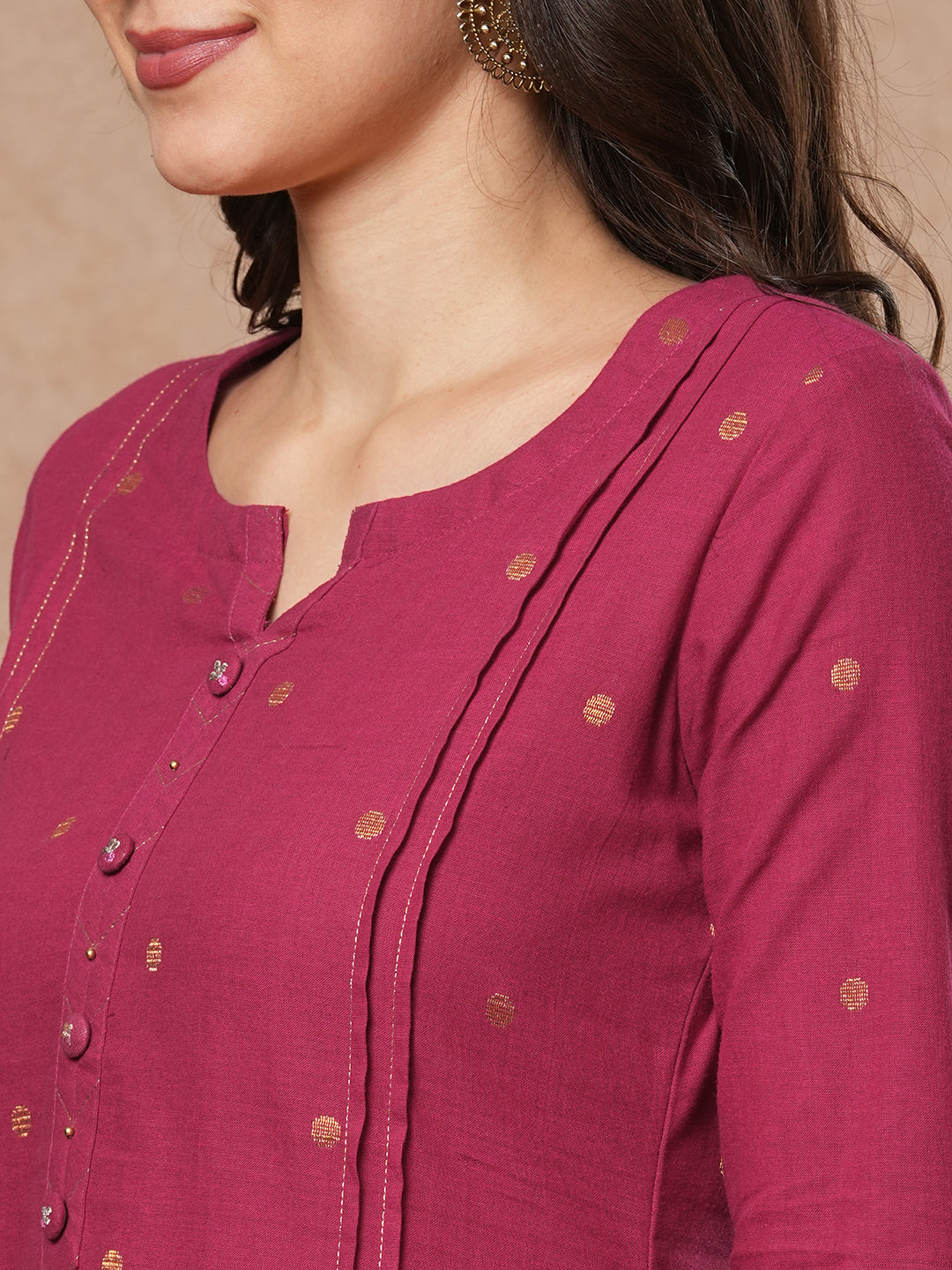 Pocketed A line kurta in woven cotton fabric with hand embroidery