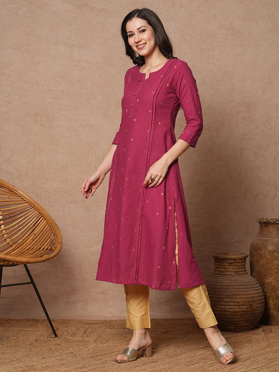 Pocketed A line kurta in woven cotton fabric with hand embroidery