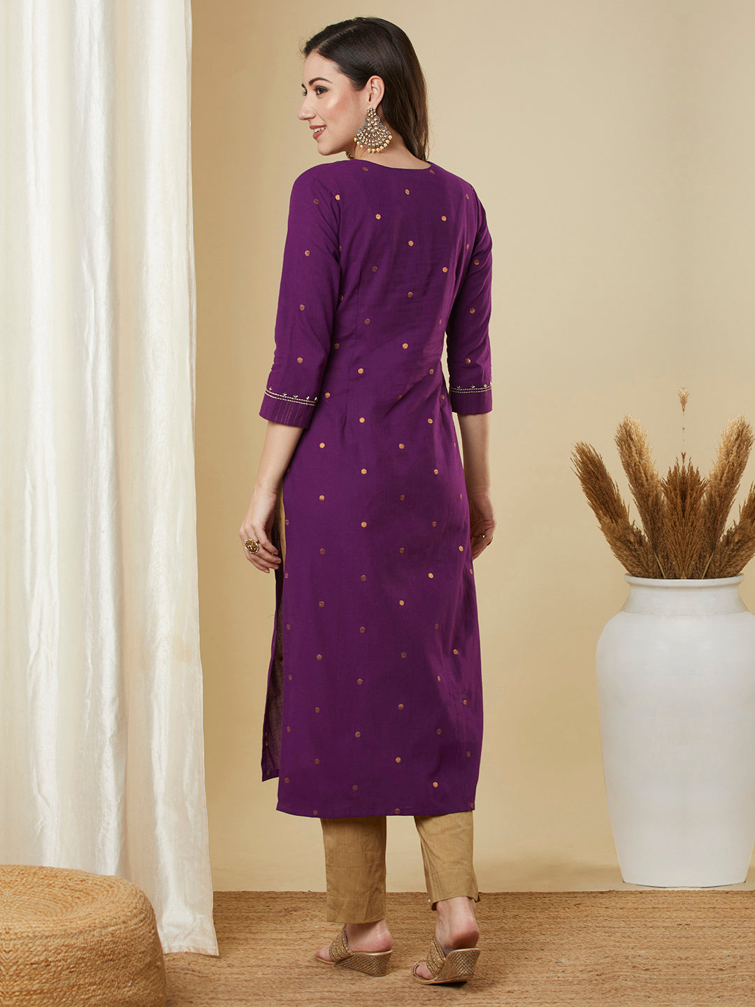 Straight fit cotton kurta in woven zari fabric with zari embroidery and handwork