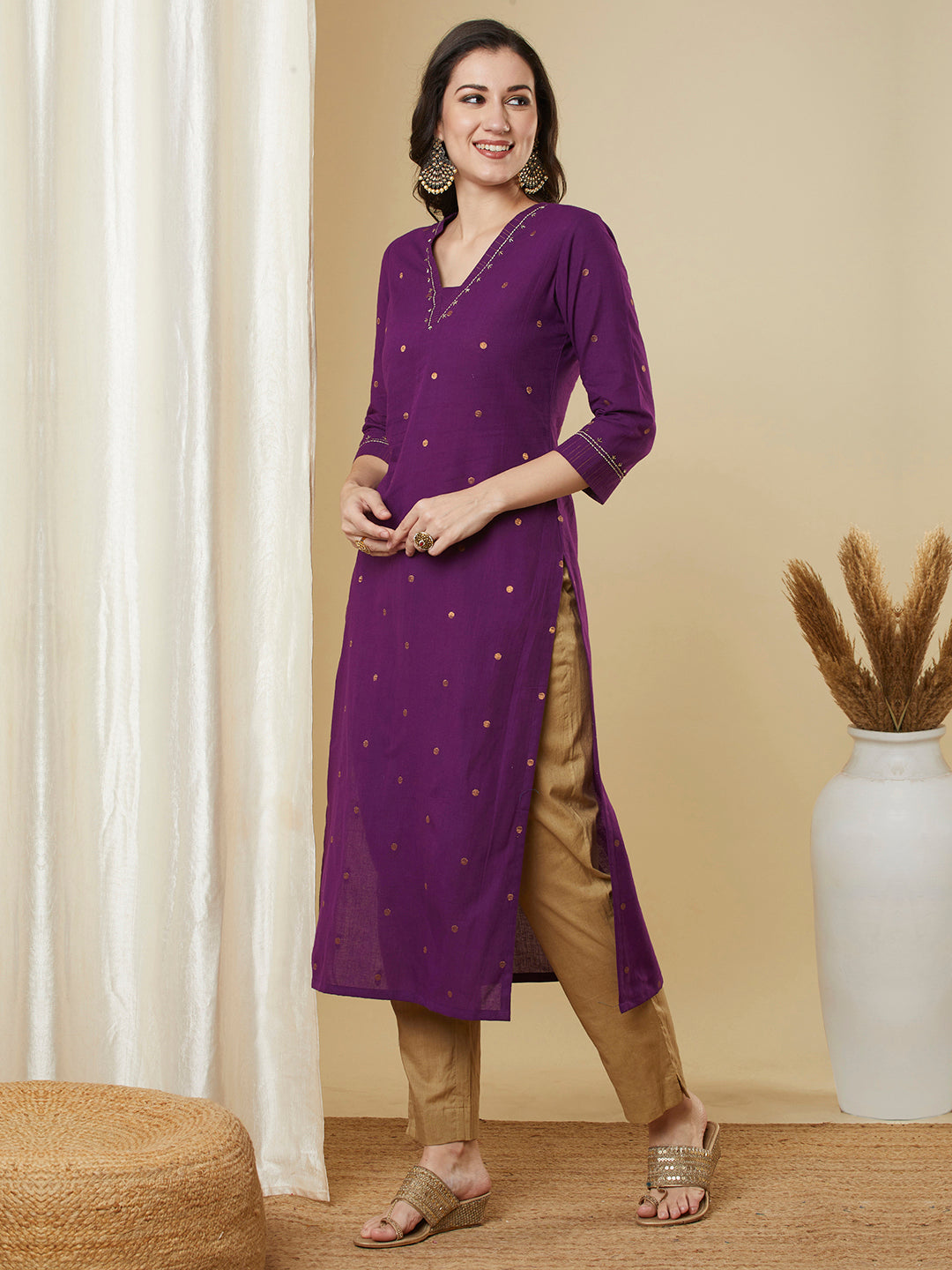 Straight fit cotton kurta in woven zari fabric with zari embroidery and handwork
