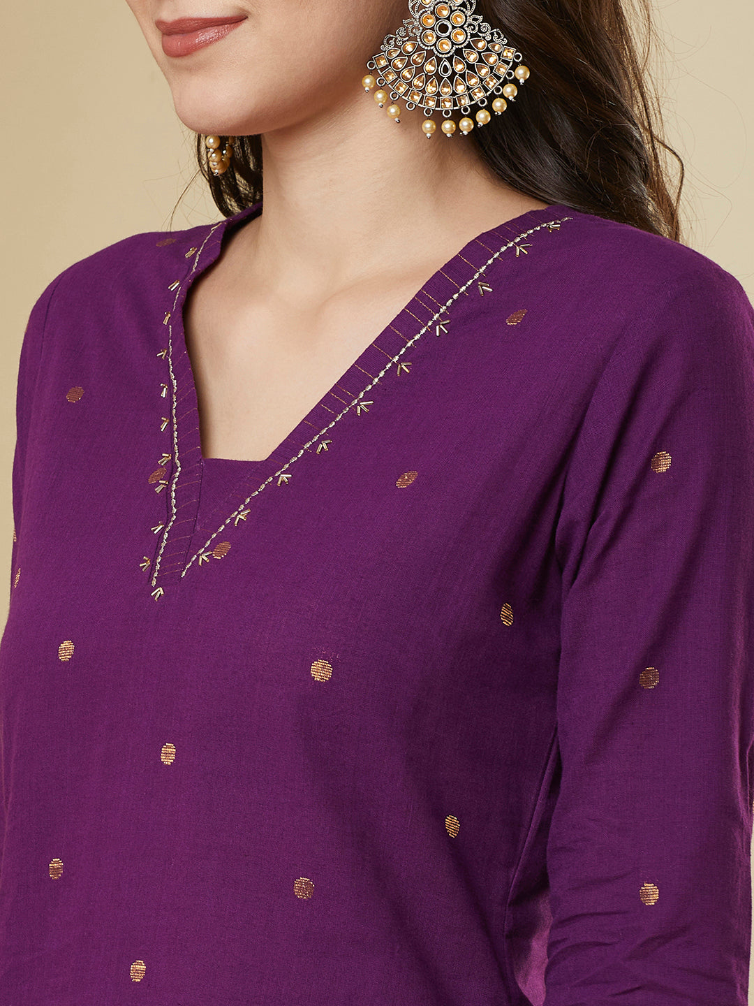 Straight fit cotton kurta in woven zari fabric with zari embroidery and handwork