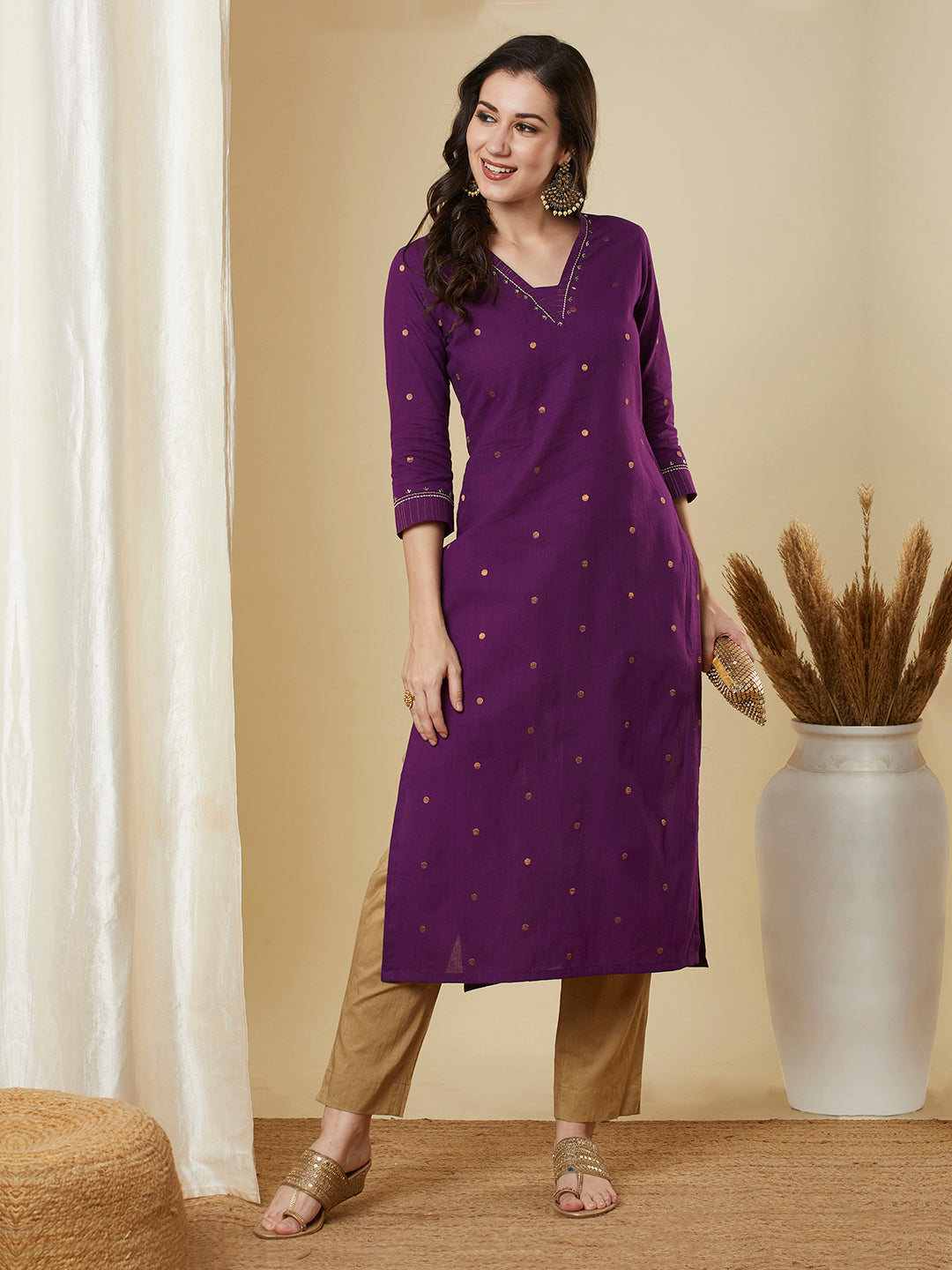 Straight fit cotton kurta in woven zari fabric with zari embroidery and handwork
