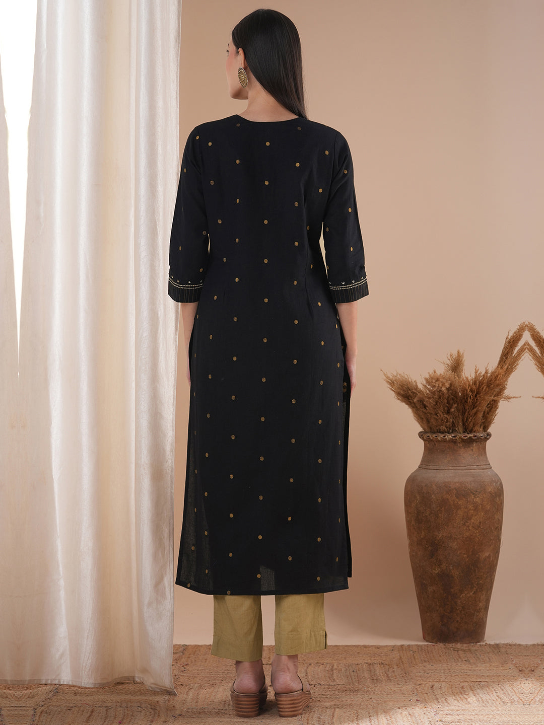 Straight fit cotton kurta in woven Zari fabric with Zari embroidery and handwork