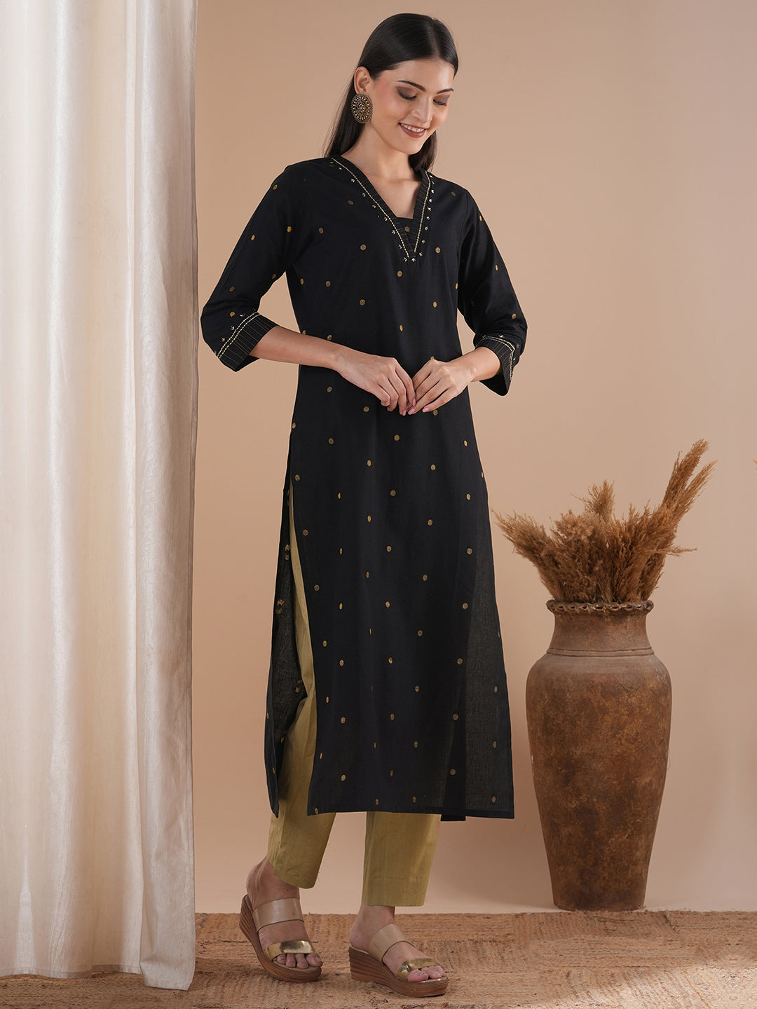 Straight fit cotton kurta in woven Zari fabric with Zari embroidery and handwork