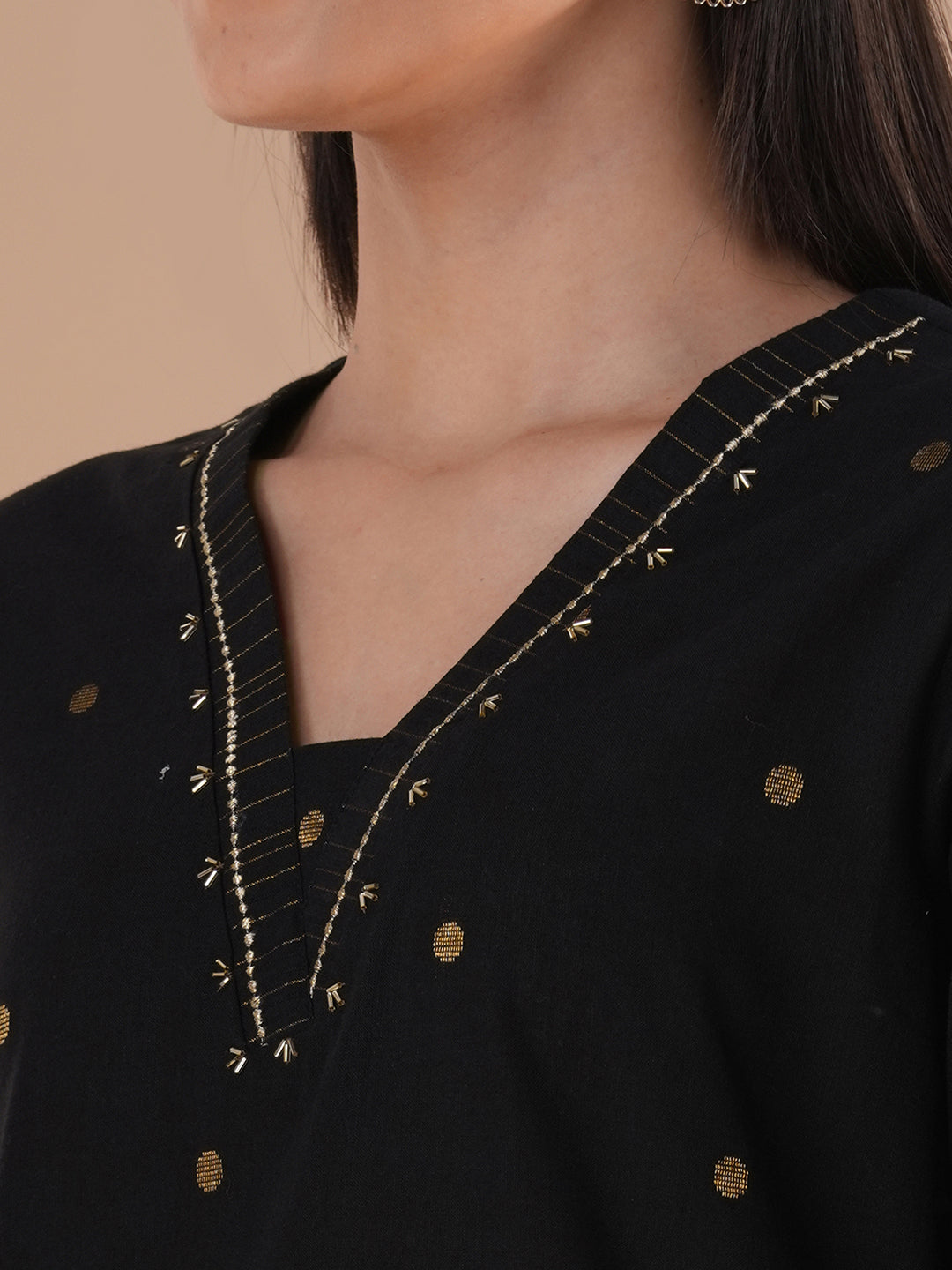 Straight fit cotton kurta in woven Zari fabric with Zari embroidery and handwork