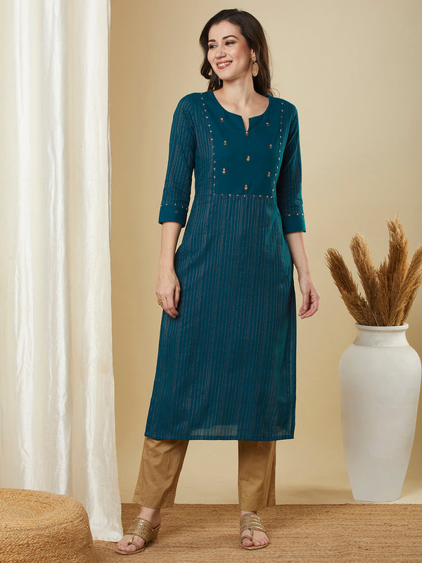 Straight fit cotton kurta in woven zari fabric with hand embroidery detailing.