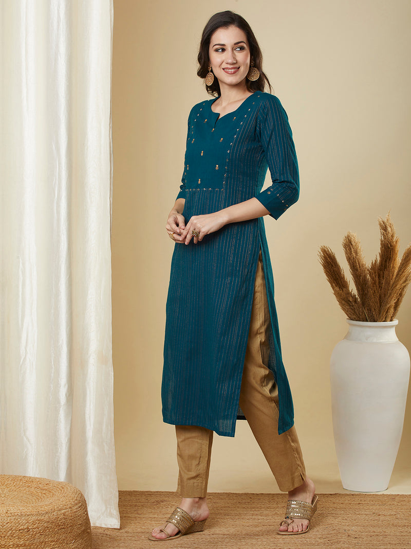 Straight fit cotton kurta in woven zari fabric with hand embroidery detailing