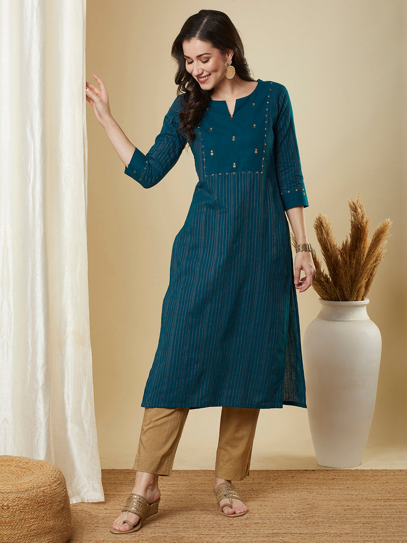 Straight fit cotton kurta in woven zari fabric with hand embroidery detailing