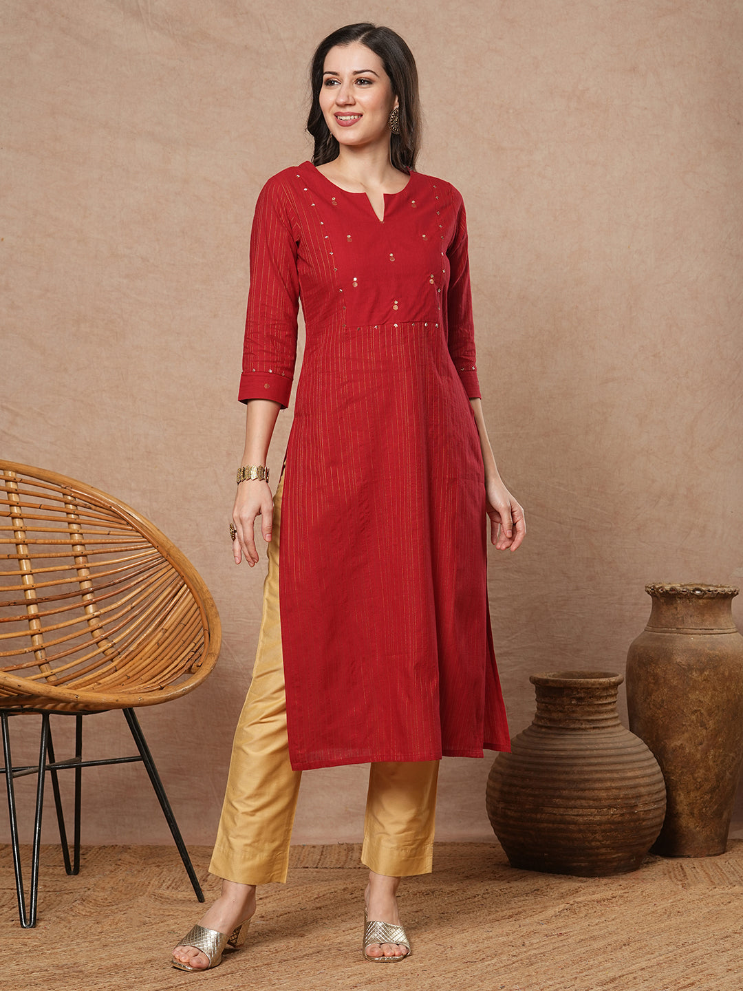 Straight fit cotton kurta in woven zari fabric with hand embroidery detailing