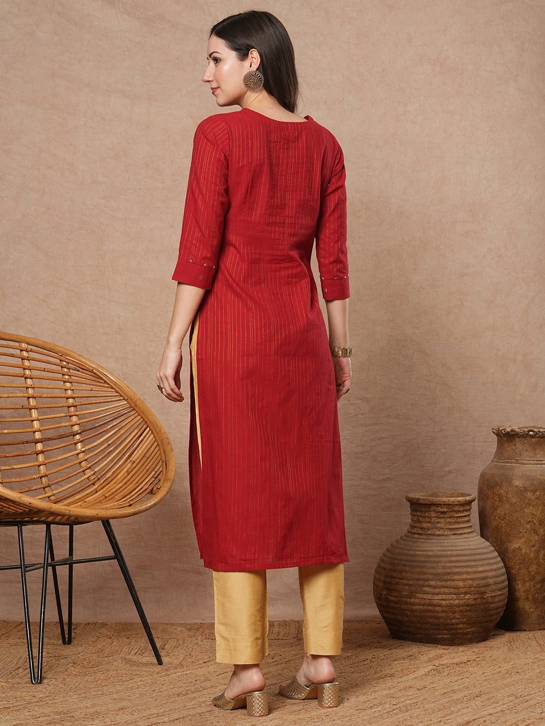 Straight fit cotton kurta in woven zari fabric with hand embroidery detailing