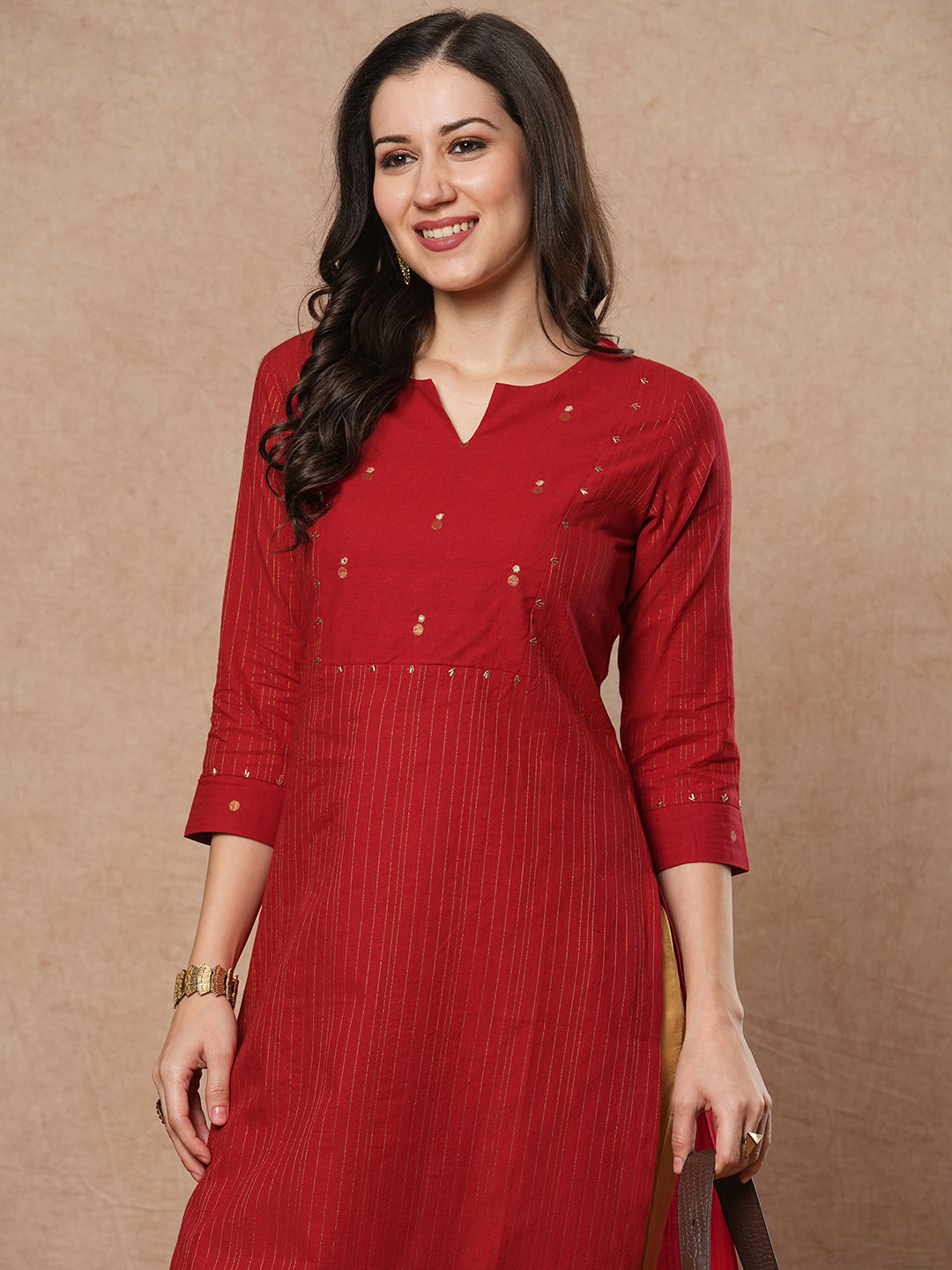 Straight fit cotton kurta in woven zari fabric with hand embroidery detailing