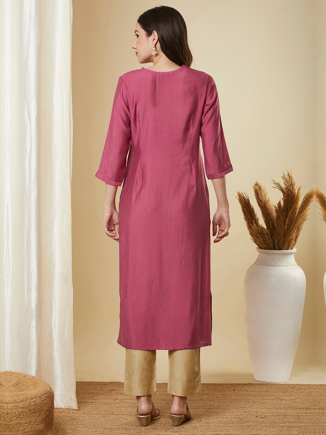 Party Edit- Straight Silk Blend Kurta with Intricate Mirror Work and Sequin Highlights