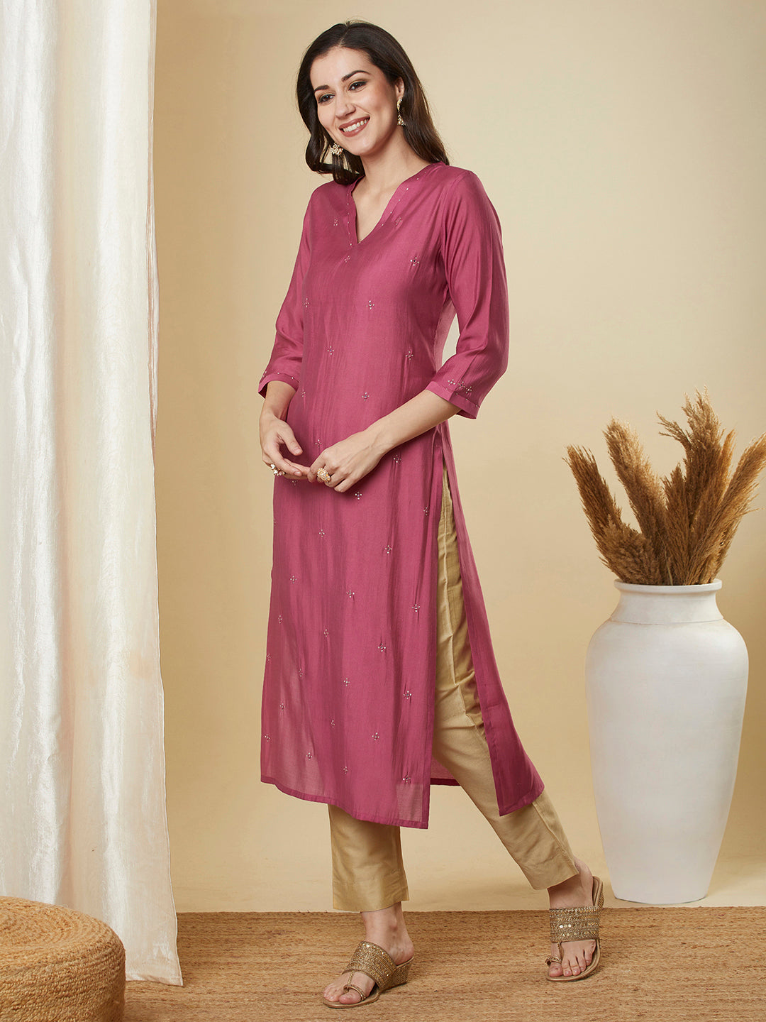 Party Edit- Straight Silk Blend Kurta with Intricate Mirror Work and Sequin Highlights