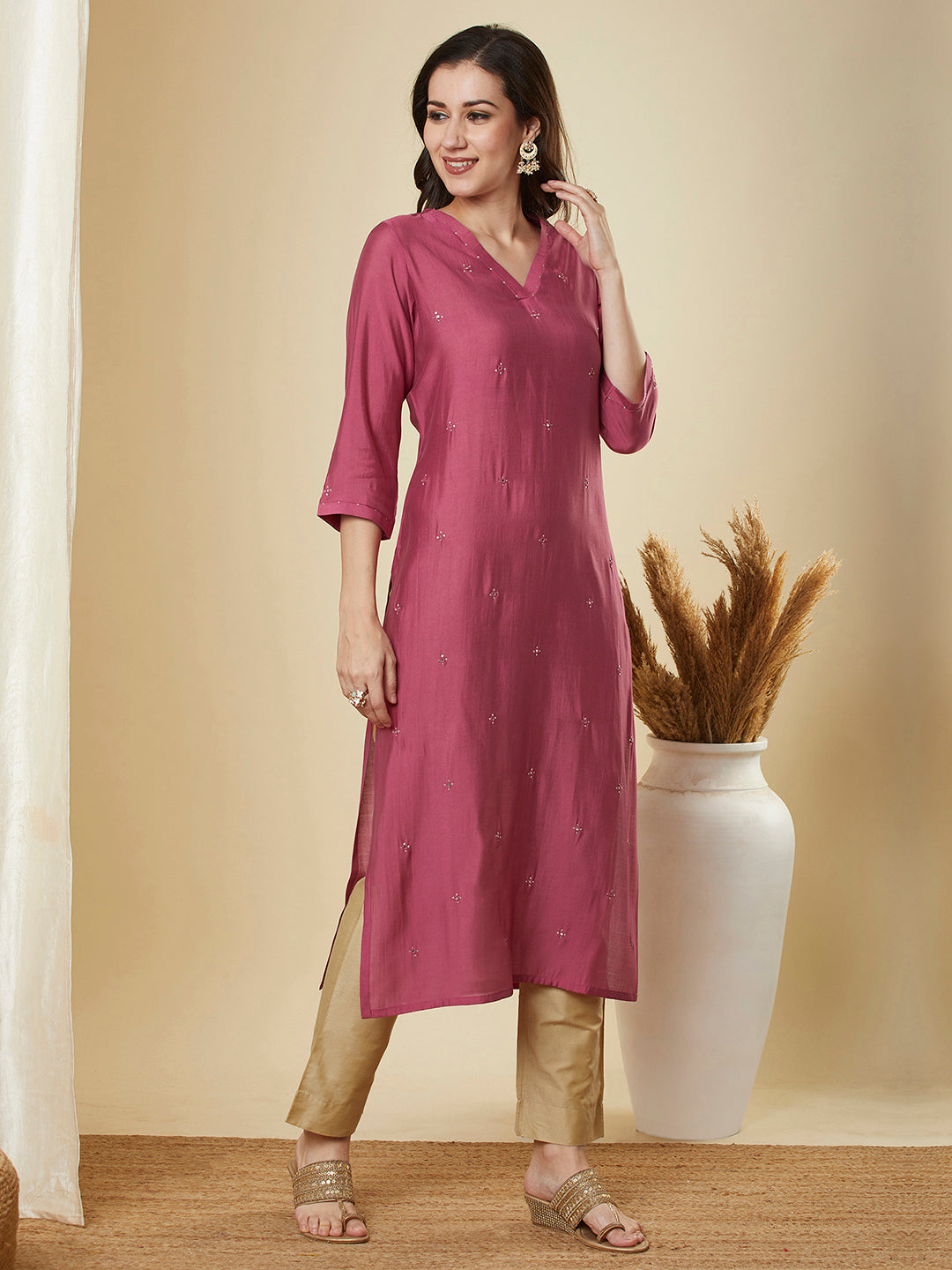 Party Edit- Straight Silk Blend Kurta with Intricate Mirror Work and Sequin Highlights