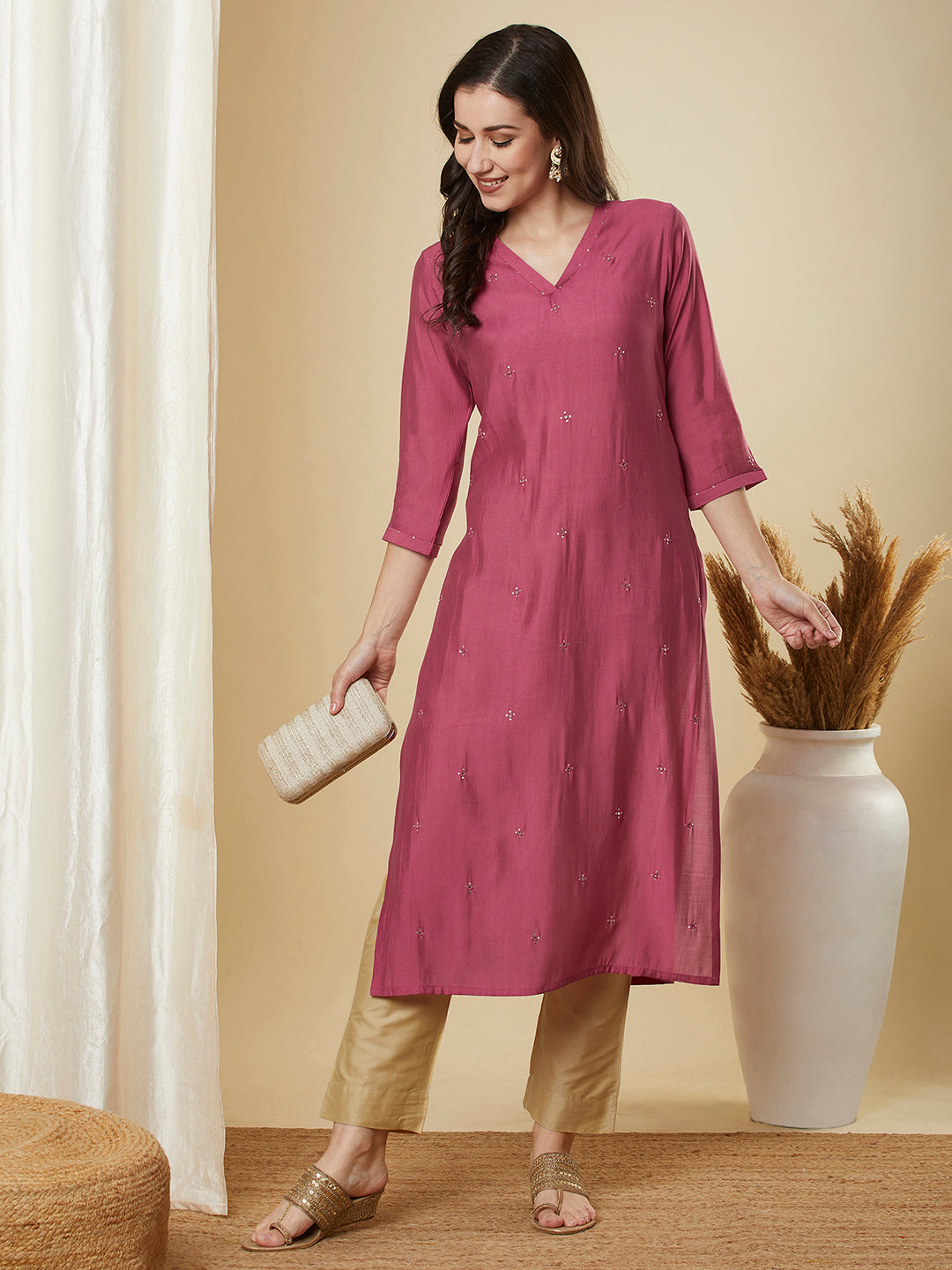 Party Edit- Straight Silk Blend Kurta with Intricate Mirror Work and Sequin Highlights