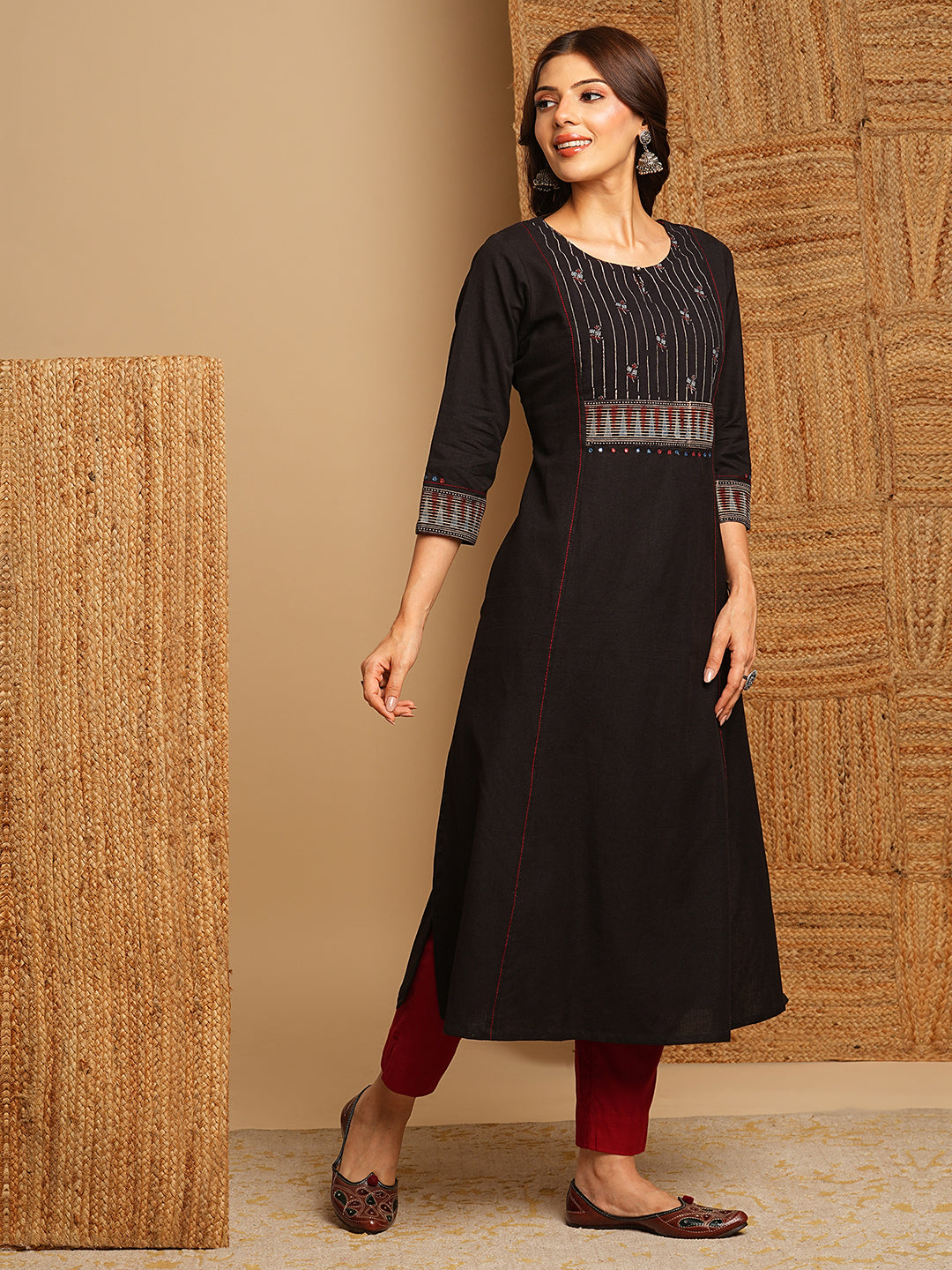 A-Line flared kurta with the hand block printed yoke