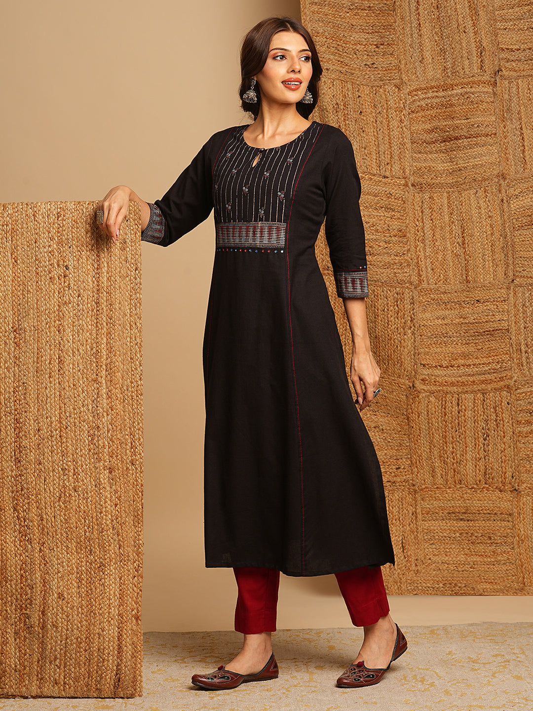 A-Line flared kurta with the hand block printed yoke