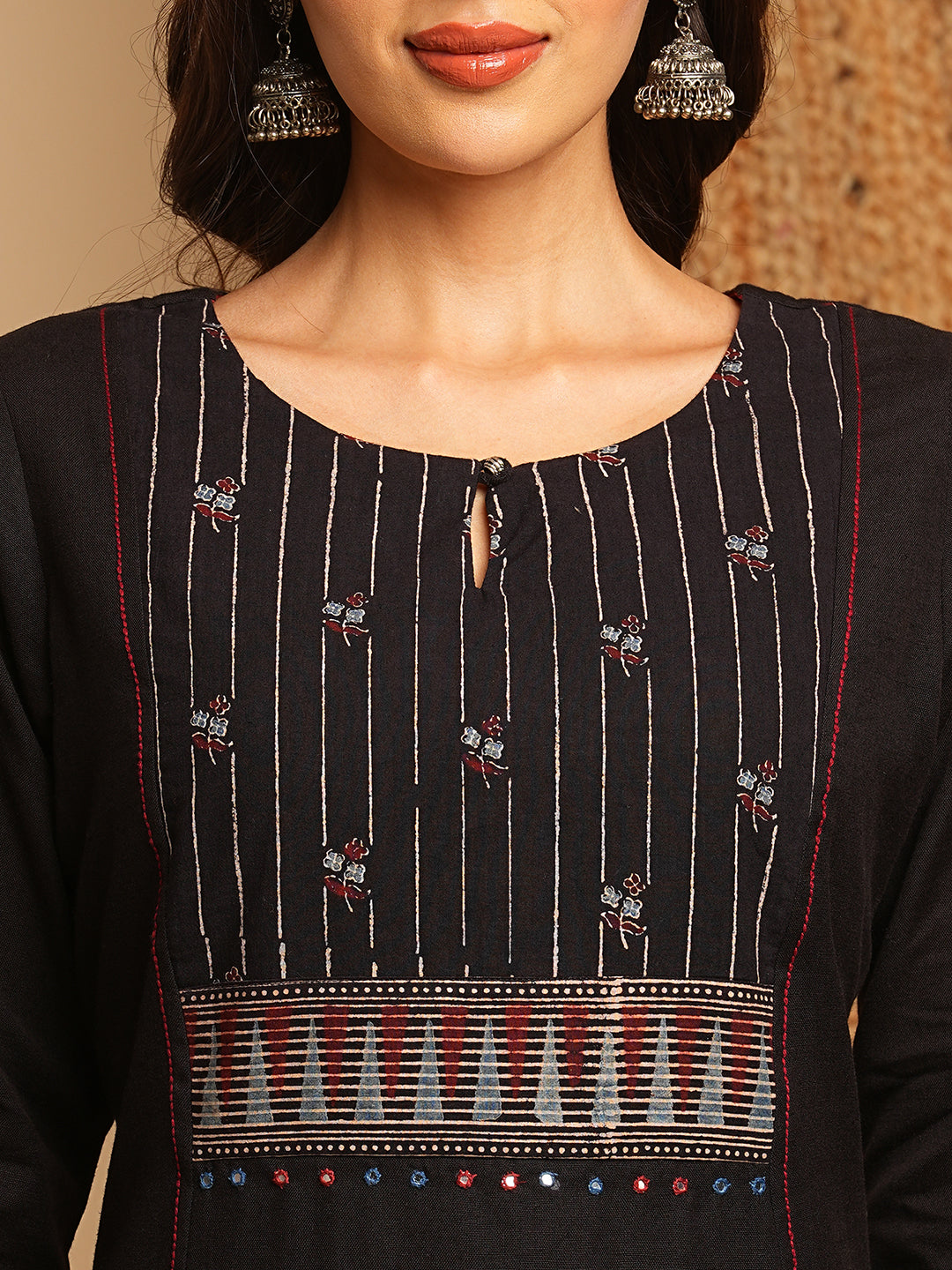 A-Line flared kurta with the hand block printed yoke