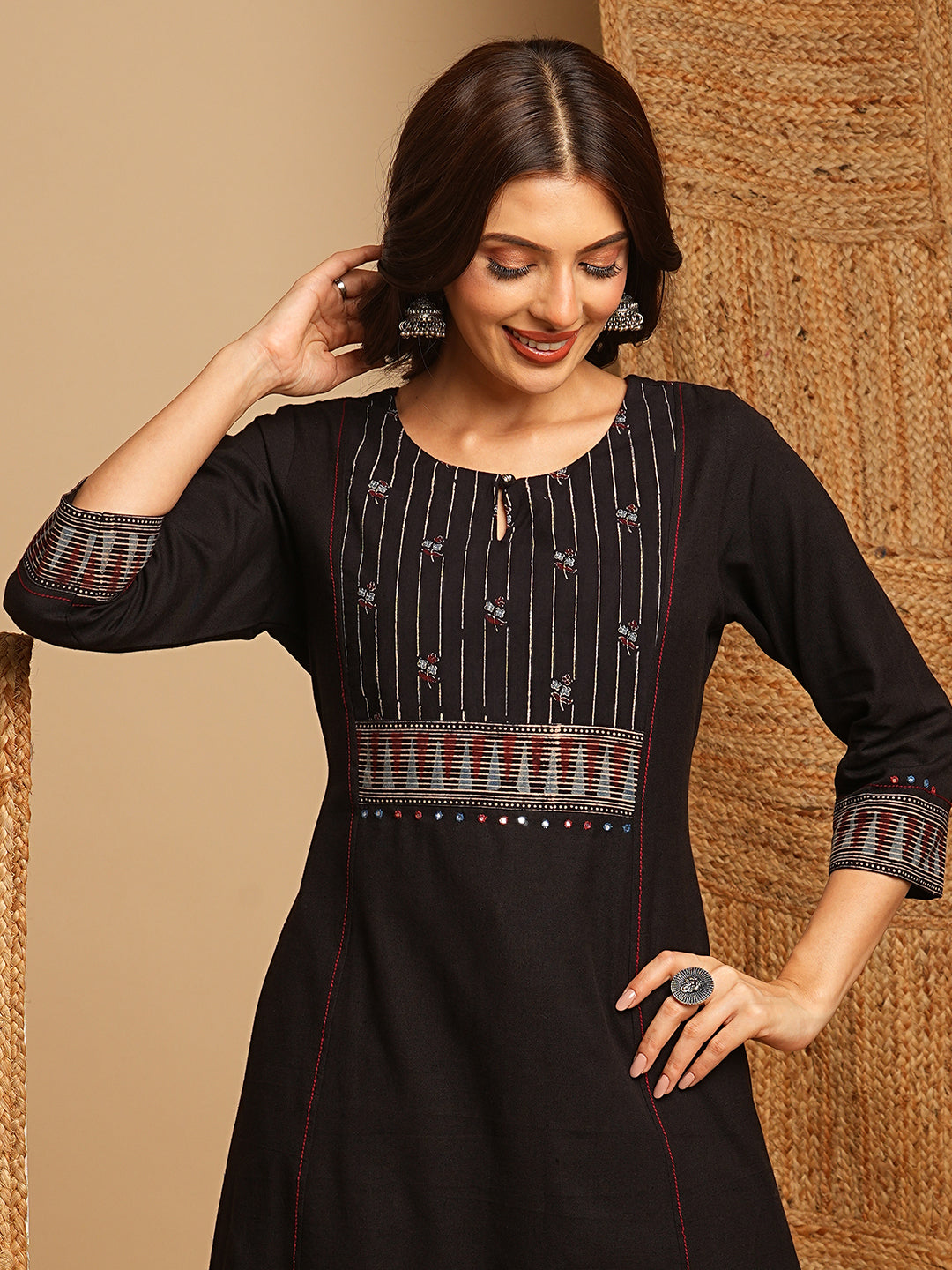 A-Line flared kurta with the hand block printed yoke