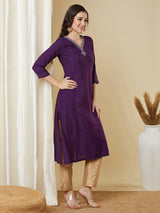 Purple flared kurta with monotonous & zari embroidery dots all over the surface.