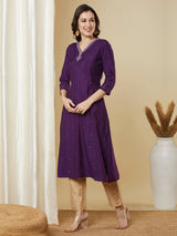 Purple flared kurta with monotonous & zari embroidery dots all over the surface.