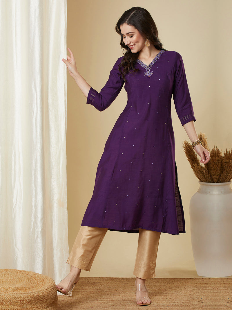 Purple flared kurta with monotonous & zari embroidery dots all over the surface.