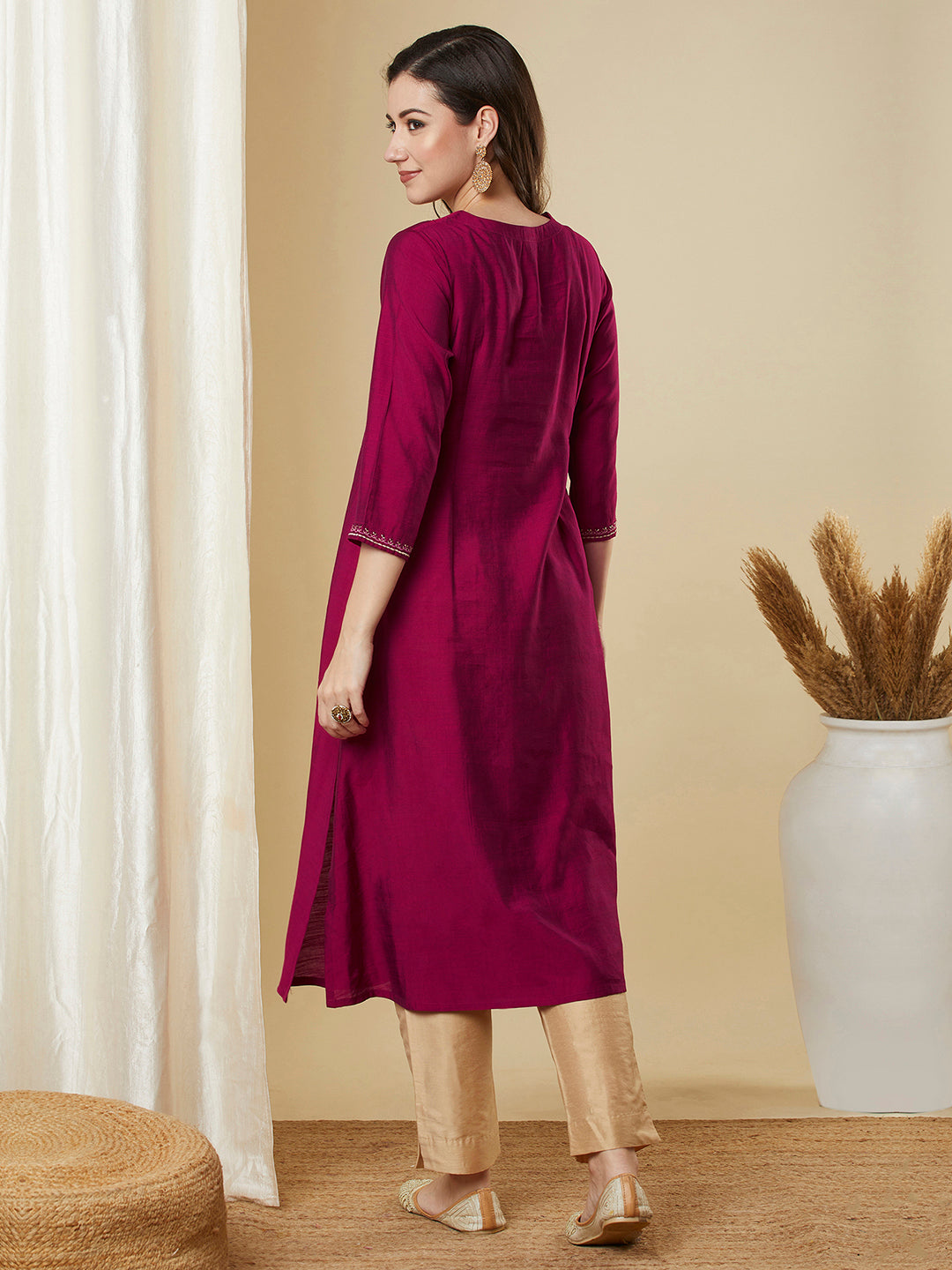 Party Edit- Flared pink avani silk kurta with heavy embroidery on neck around the placket