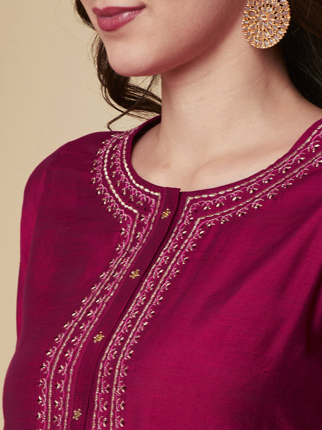 Party Edit- Flared pink avani silk kurta with heavy embroidery on neck around the placket