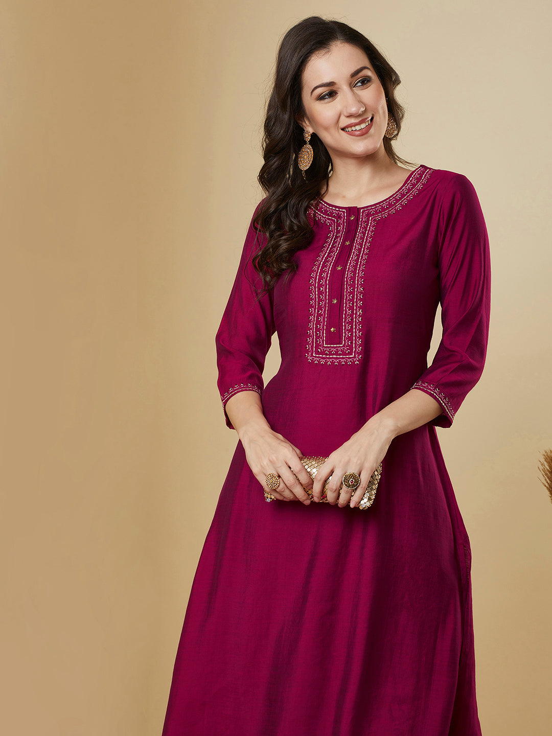 Party Edit- Flared pink avani silk kurta with heavy embroidery on neck around the placket