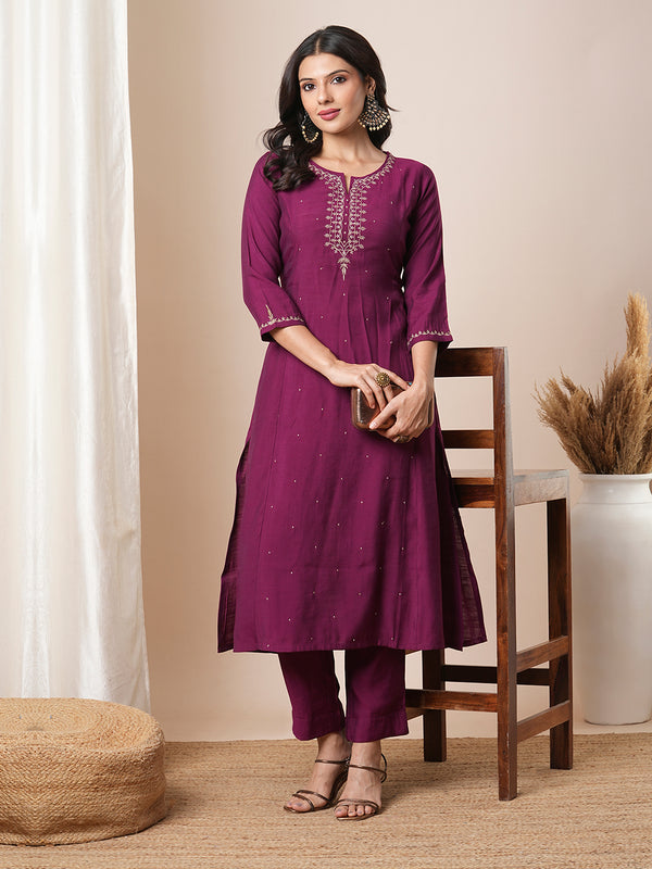 Flared avani silk kurta with zari embroidery and dots all over the front panel.