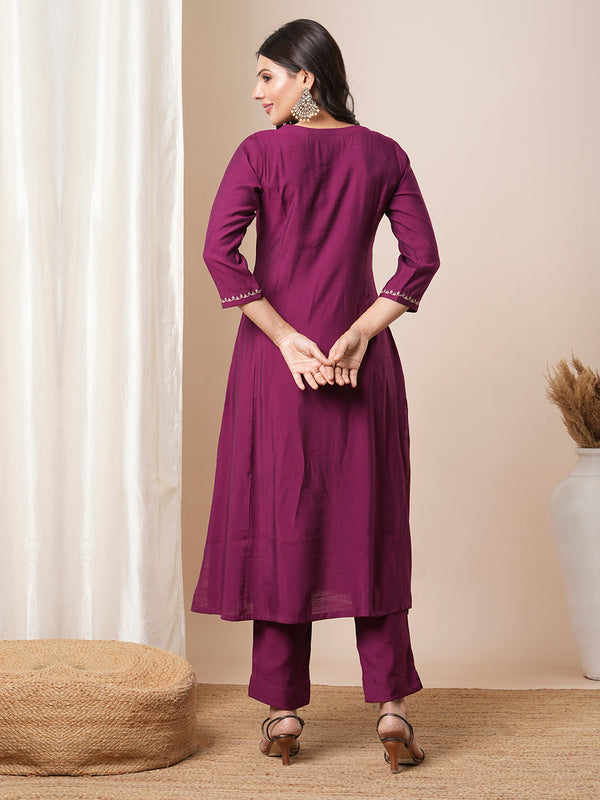 Flared avani silk kurta with zari embroidery and dots all over the front panel.