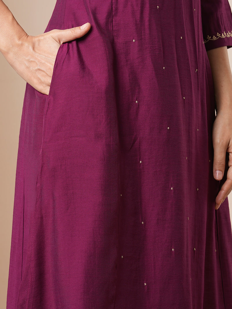 Flared avani silk kurta with zari embroidery and dots all over the front panel.