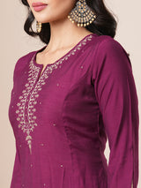 Flared avani silk kurta with zari embroidery and dots all over the front panel.