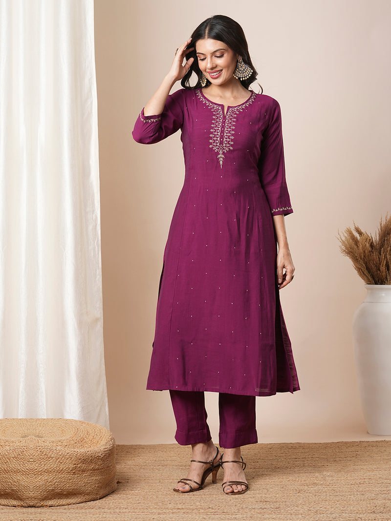 Flared avani silk kurta with zari embroidery and dots all over the front panel.