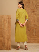 Straight fit kurta with hand block printed yoke and mirror details