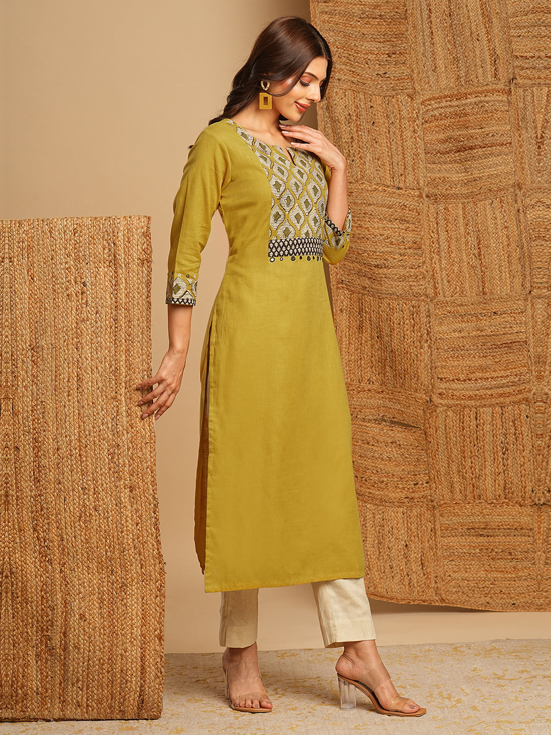 Stylish Mustard Cotton Straight Kurta Featuring Block Printed Yoke and Mirror Detailing