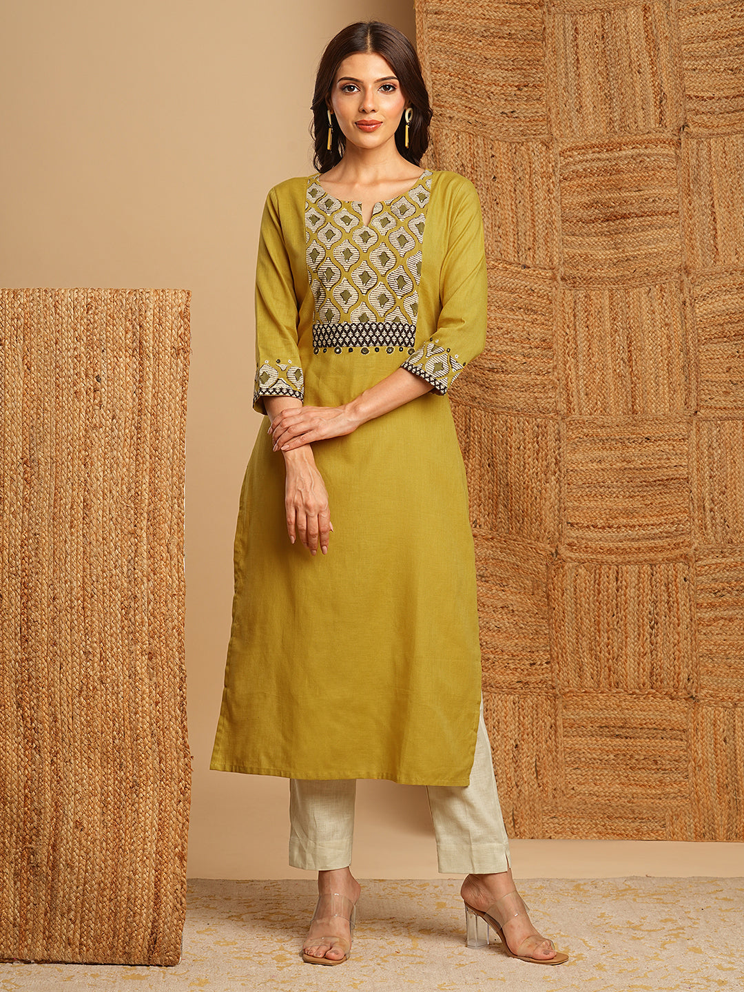 Stylish Mustard Cotton Straight Kurta Featuring Block Printed Yoke and Mirror Detailing