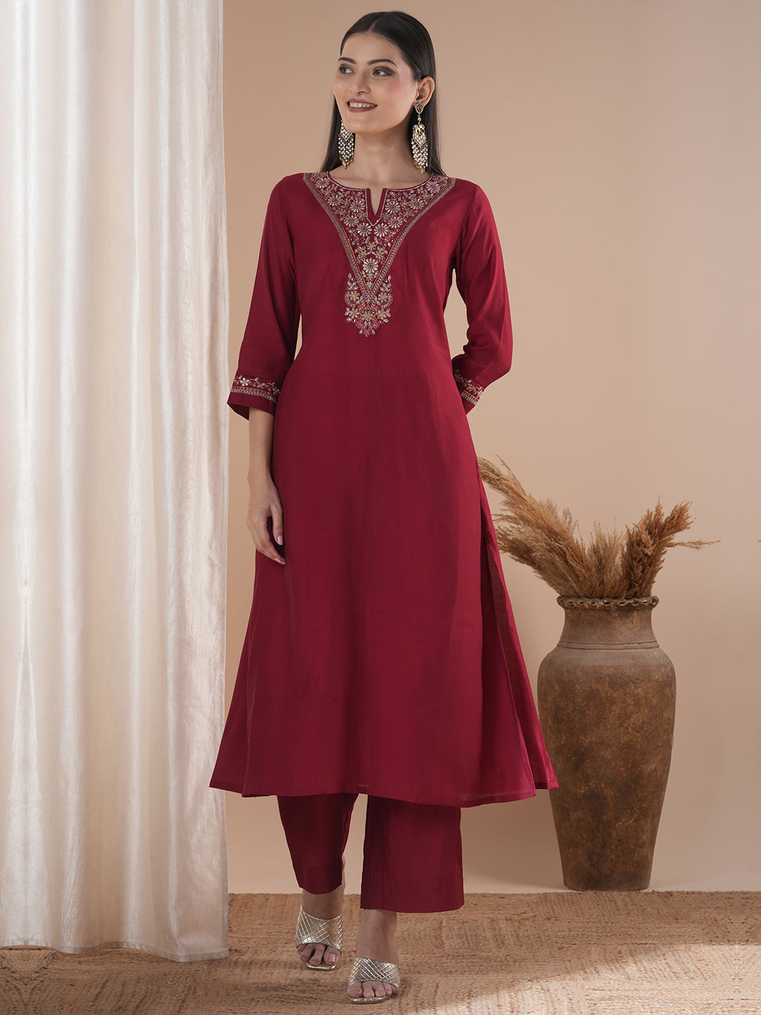 Party Edit- Embroidered A line kurta in silk blend fabric paired with lined palazzos
