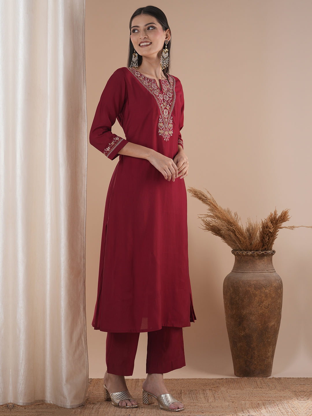 Party Edit- Embroidered A line kurta in silk blend fabric paired with lined palazzos