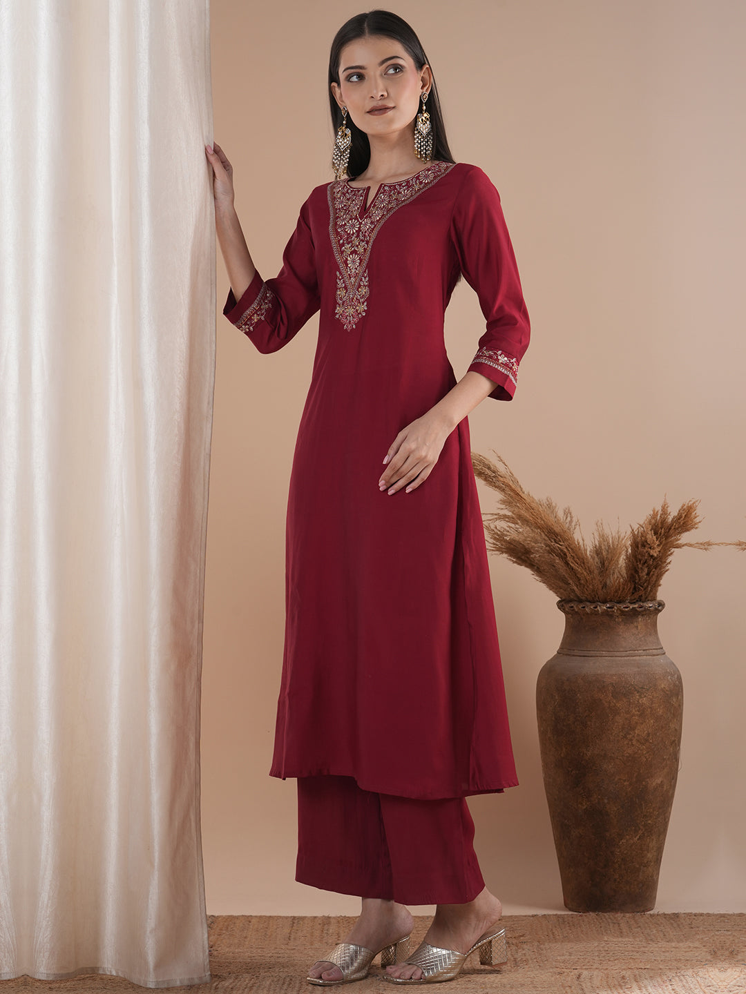 Party Edit- Embroidered A line kurta in silk blend fabric paired with lined palazzos