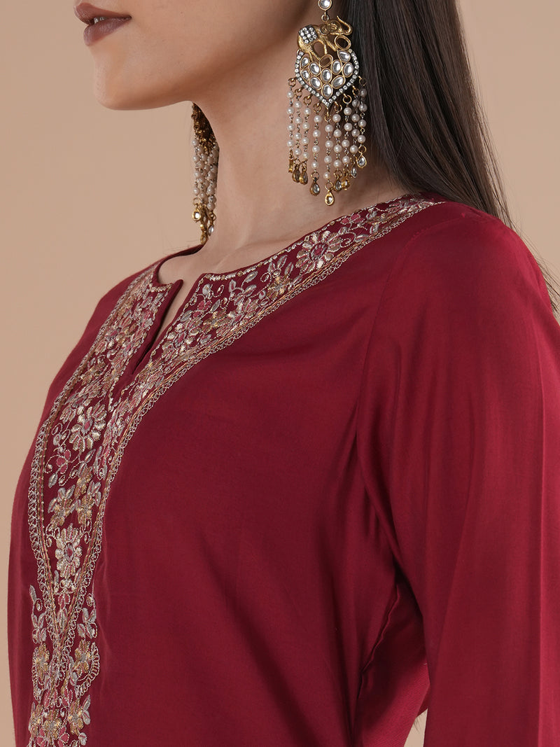 Embroidered A line kurta in silk blend fabric paired with lined palazzos