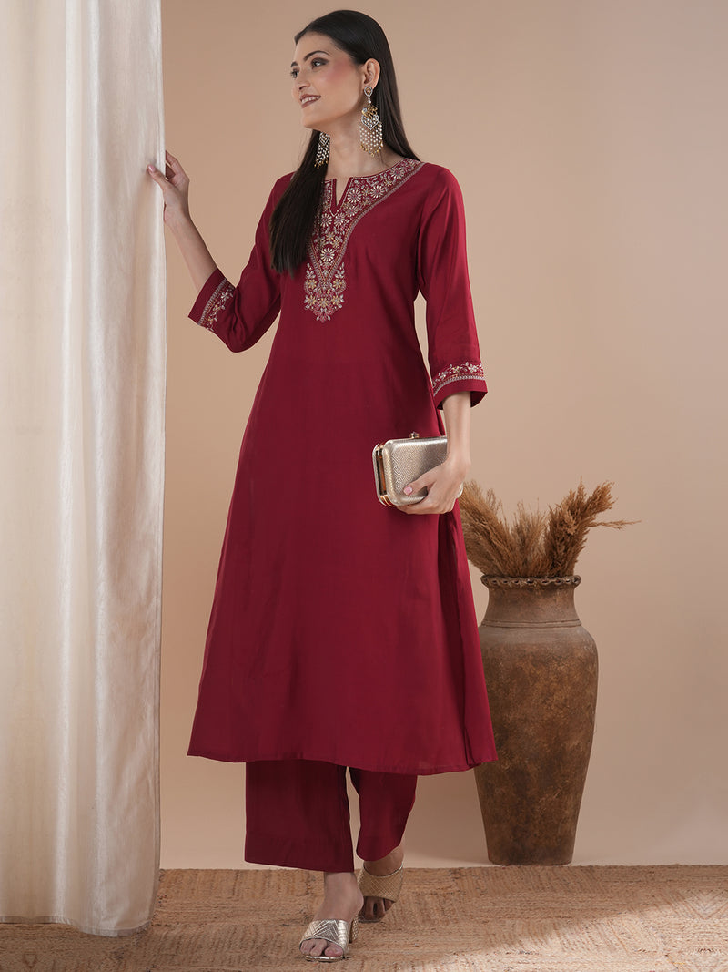 Embroidered A line kurta in silk blend fabric paired with lined palazzos