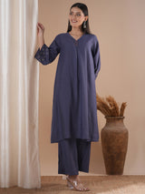 Panneled A line kurta with embroidery paired with lined palazzo in silk blend fabric