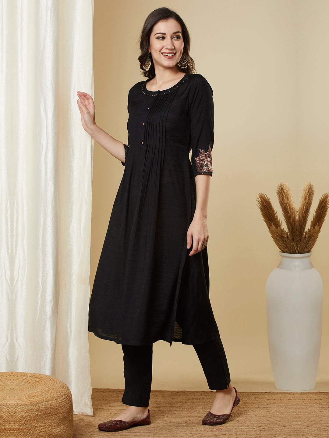 Party Edit- Embroidered silk blend kurta with pleating and sequin work paired with lined pants